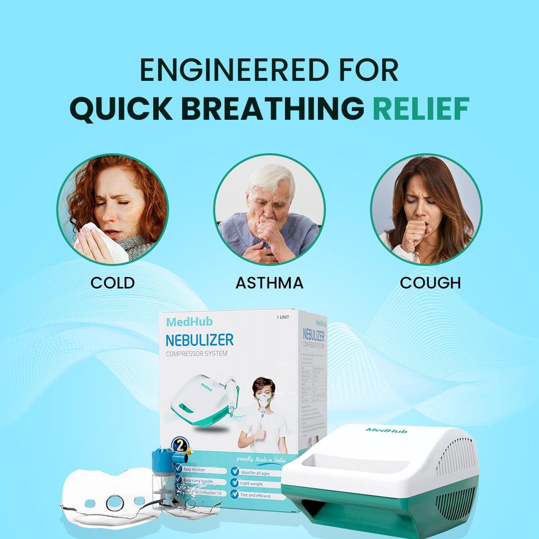 MedHub MedHub Compressor Compact & Low Noise Compressor Nebulizer for Adults & Kids | Nebulizer Machine with 1 Mouthpiece (White & Green)