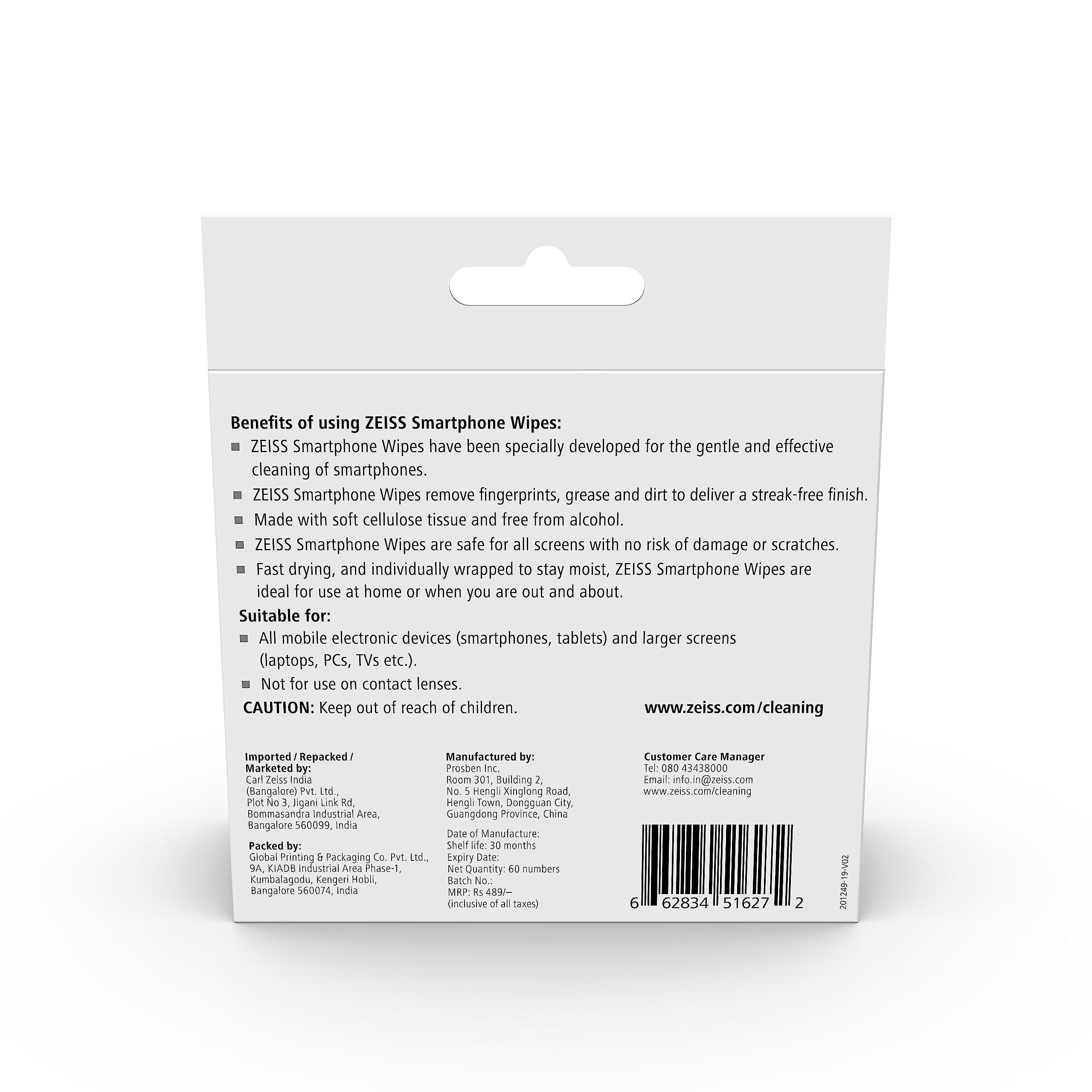 Zeiss ZEISS Smartphone Wipes 60 Count - Pack of 1| Perfect Screen Cleaner for Smartphones, Mobile Phone, Laptops, Tablets, TVs and other screen devices