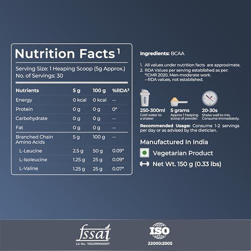 Nutrabay Nutrabay Pure BCAA 2:1:1-5g Vegan BCAAs, Intra/Post Workout Amino Acid Supplement for Men & Women - 150g, Unflavoured