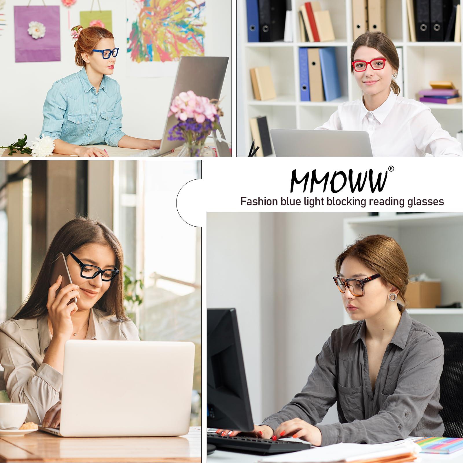 MMOWW MMOWW Rectangular Reading Glasses Oversized Frame Anti Blue Light Reading Glasses Women Men 4 Pair, 4 Pcs, 1.5