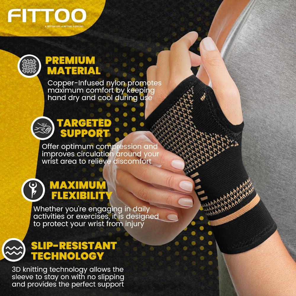 FITTOO FITTOO Copper Wrist Compression Sleeve, Copper Infused Wrist & Hand Compression Sleeve Brace for Improve Circulation, Relieve Wrist Discomfort,Tendonitis, Sprains, Sports, Gym Workout