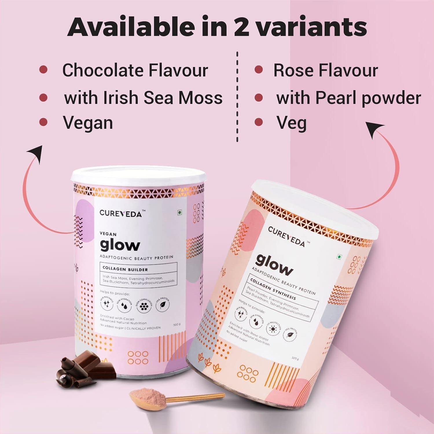 Cureveda Cureveda Collagen Builder Glow Powder for Brighter & Youthful Skin, Plant-Based Supplement with Rose Water, Veg Beauty Protein, Evening Primrose 100IU, No Added Sugar, 300gm x 2 (600 gm)