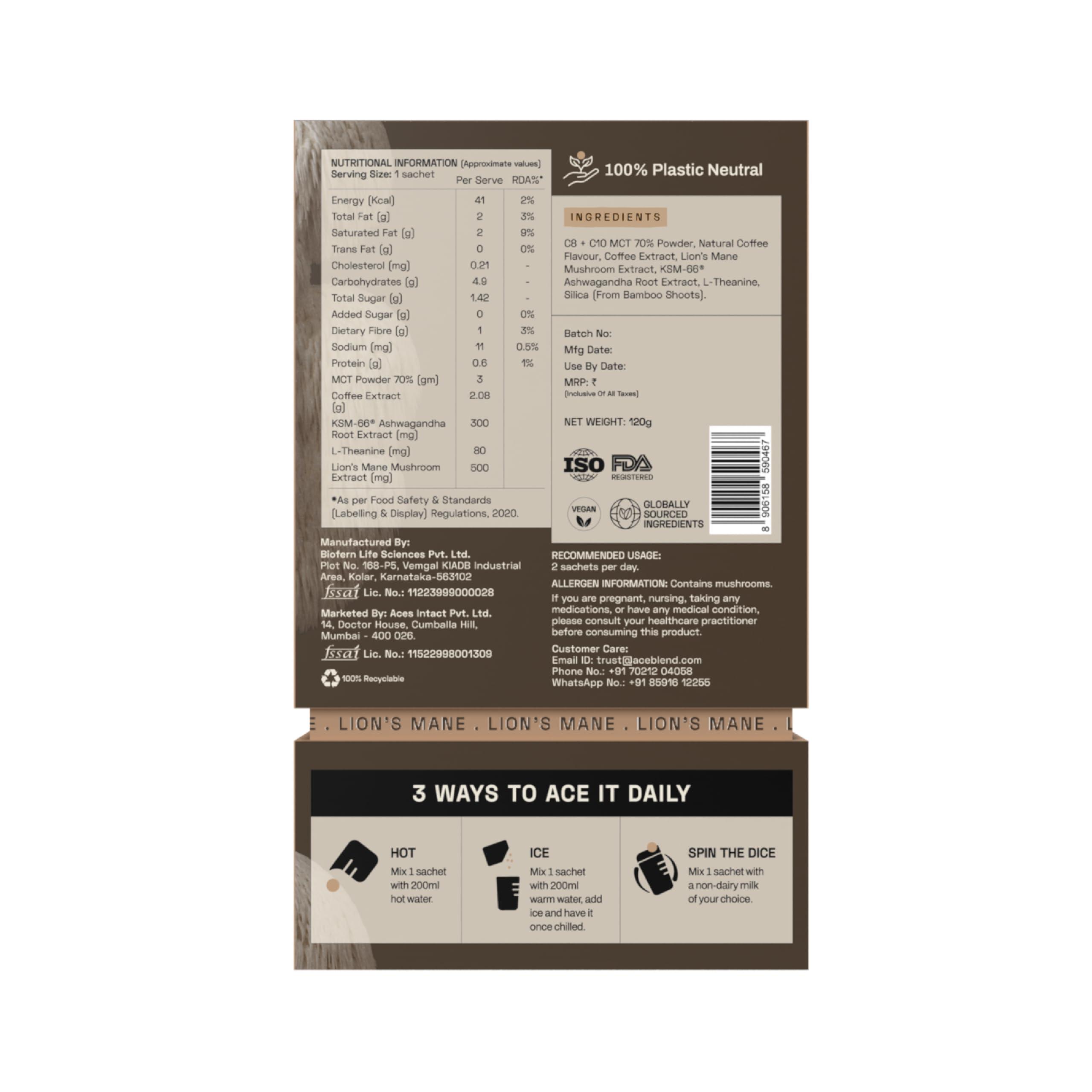 Ace Blend Ace Blend Lions Mane SHROOM COFFEE | 30 serves | Mushroom Coffee | KSM 66 Ashwagandha | L-Theanine | MCT | Focus | Memory | 100% Arabica | Instant Black Coffee | Keto | Cold/Hot Brew