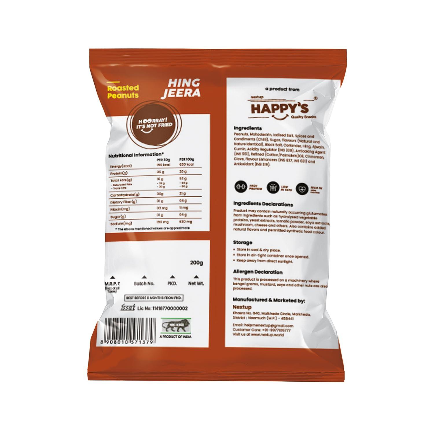 NEXT UP HAPPYS Happy\'s Roasted Peanuts, 200 gm| Pack of 2| Hing Jeera Peanuts| Low Fat| Rich in Protein| Roasted, not Fried| No Artificial Flavors| Healthy Snack for Anytime Snacking|