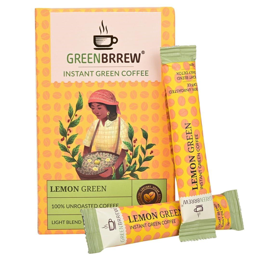 GreenBrrew Greenbrrew Instant Lemon Coffee Mix | 100% Unroasted Arabica Coffee Beans | Green Coffee Extract (\"PL-AAA\") + Probiotics | Hot & Cold Coffee | 20 Sachets, 60g Each - (Pack Of 3)