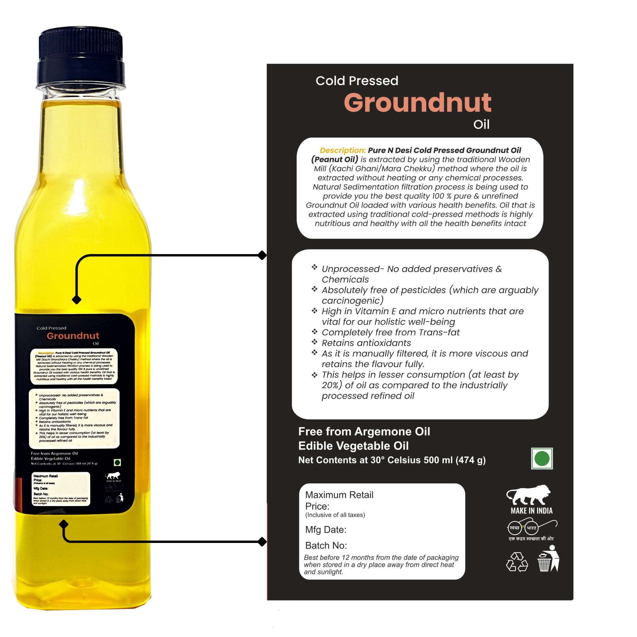 PURE N DESI PURE N DESI Cold Pressed Groundnut Oil 500 ml | Wood Pressed Peanut Oil | Mungfali Ka Tel | Kachi Ghani Groundnut Cooking oil 500 ML