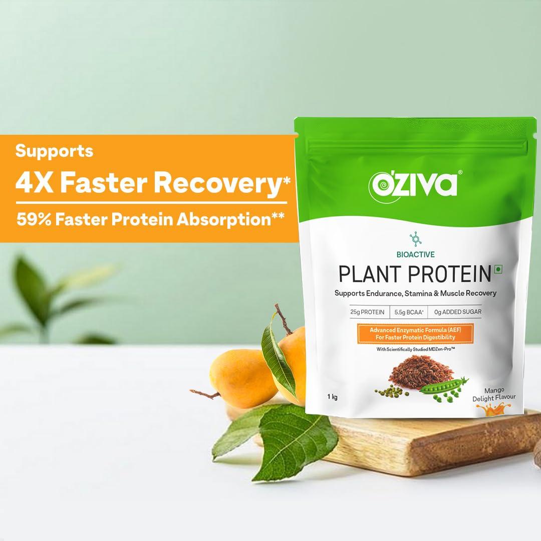 OZiva OZiva Bioactive Plant Protein for Everyday Fitness | 25g Protein - Pea Isolate | Complete Plant Protein Powder | No Added Sugar, Certified Clean & Vegan (Mango, 1kg + Shaker)