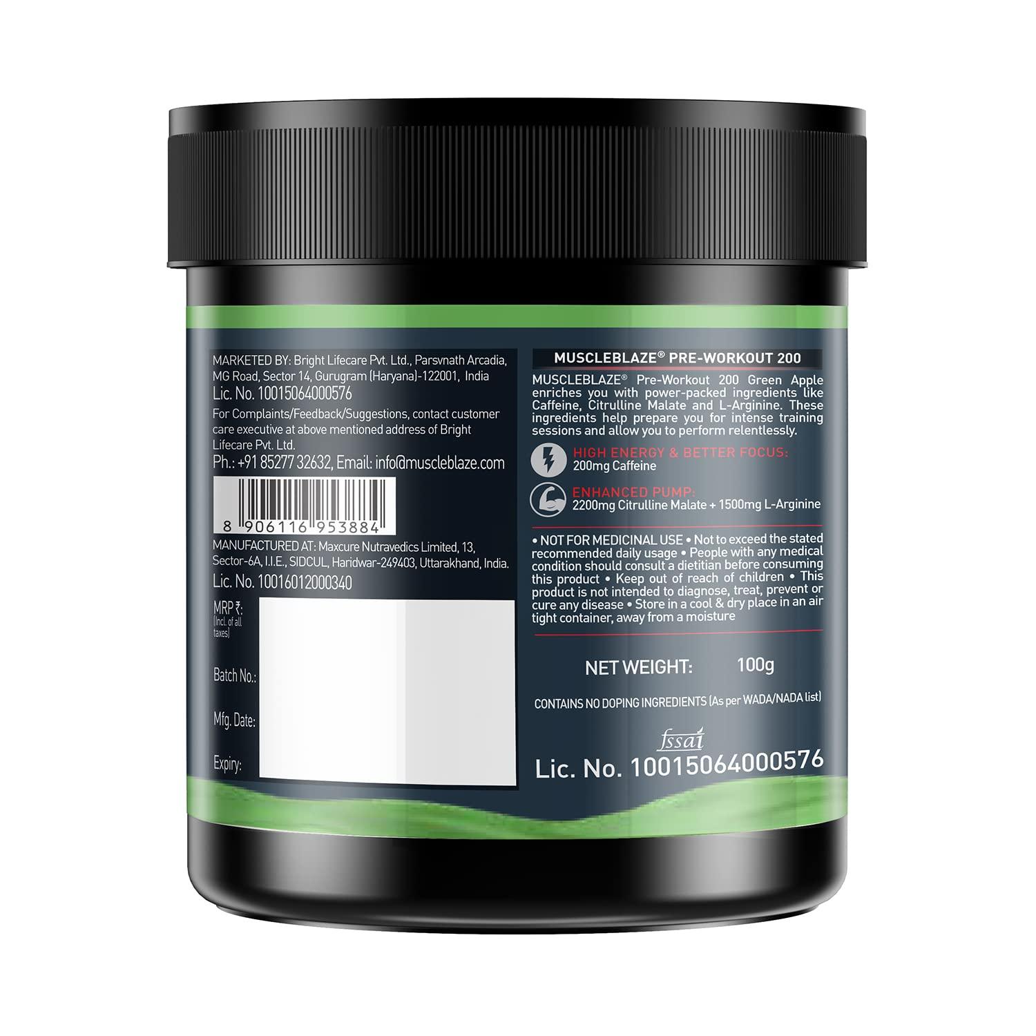 MuscleBlaze MuscleBlaze Pre Workout 200(Green Apple, 20 Servings, 100G)| 200Mg Caffeine, 2200Mg Citrulline Powder