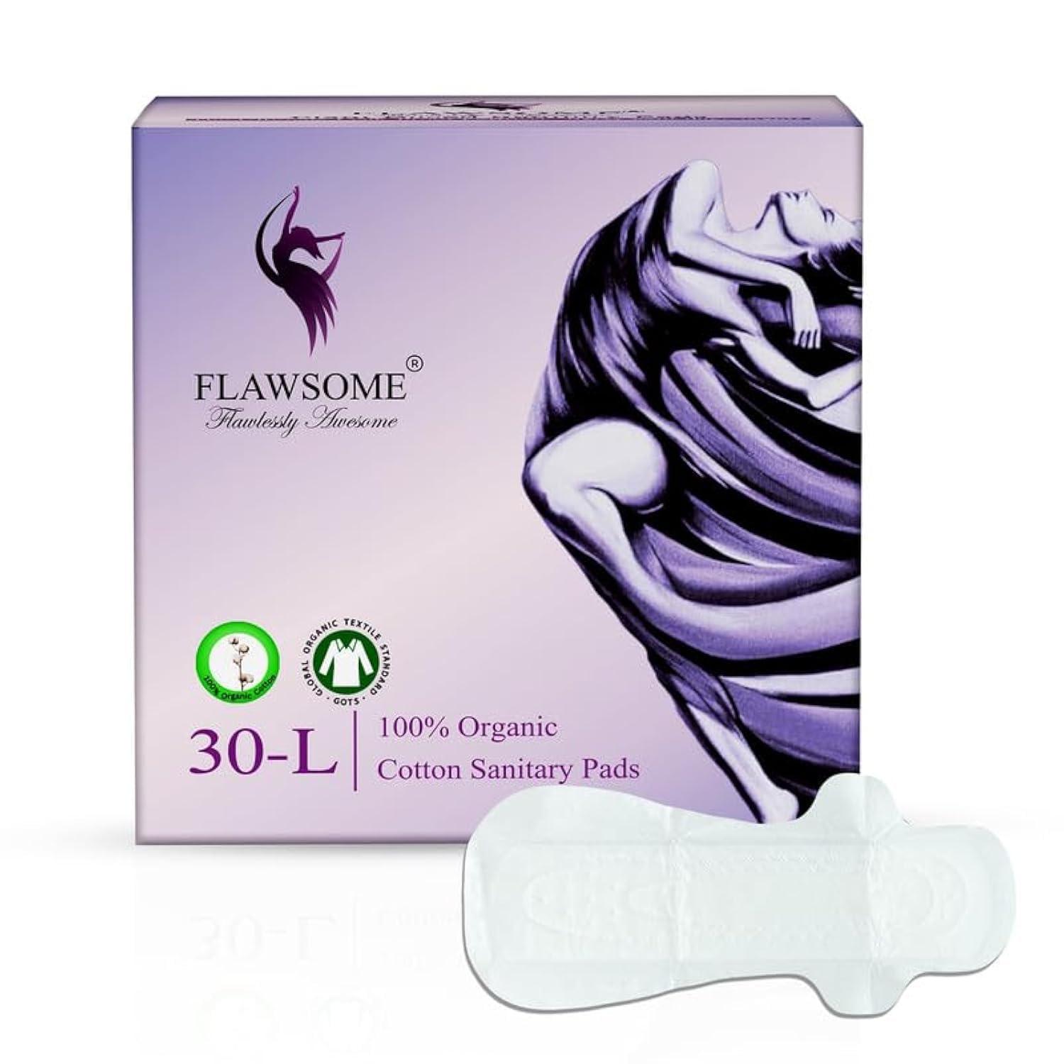 Flawsome Flawsome 100% Organic Sanitary Pads | High Absorption | Cotton Sanitary Pads| With Paper Disposal Pouches | Soft and Rash Free | Toxin-Free | Size - L | Pack of 30