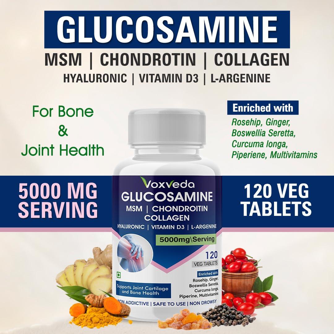 Voxveda Voxveda's Glucosamine Tablets - 120 Veg Tablets | Glucosamine Tablets for Joint | Glucosamine Chondroitin MSM - Joint Support Supplement with Vitamins
