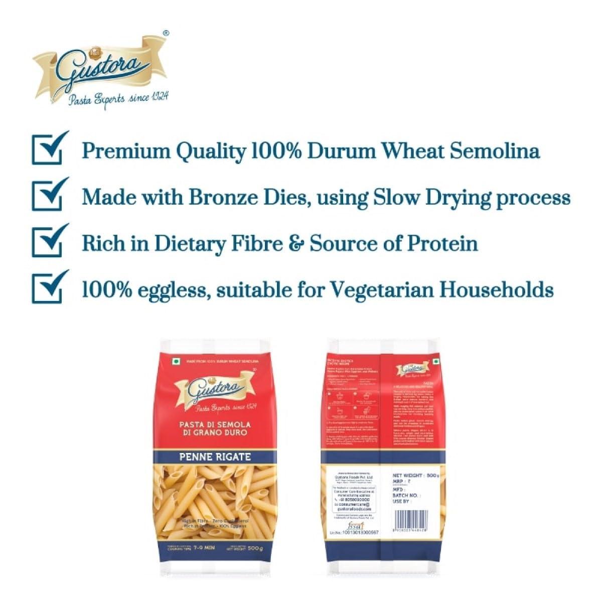Gustora Gustora Penne Rigate Pasta, 500g I Penne Pasta Made of Durum Wheat Semolina I Vegetarian I Tasty & Healthy I No Trans-fat I Rich in Protein I Cooking Time 10 Min (500 Gram)