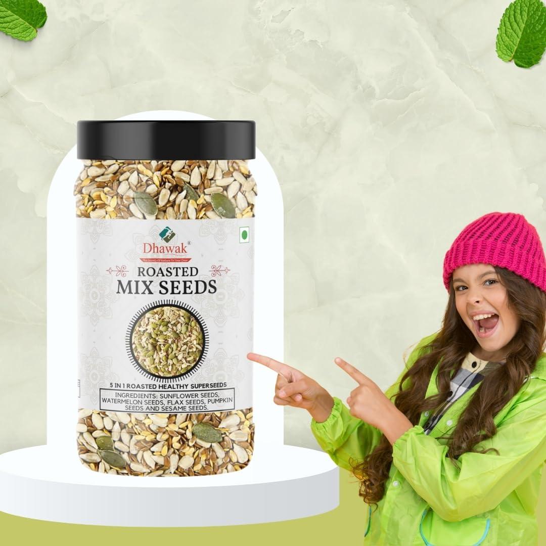 DHAWAK Dhawak Roasted Seeds Mix - 250 Gms. | Roasted and Lightly Salted (Pumpkin Seeds, Sunflower, Sesame, Flax Seeds, Watermelon Seeds), Seeds Mix for Eating |Jar Pack|