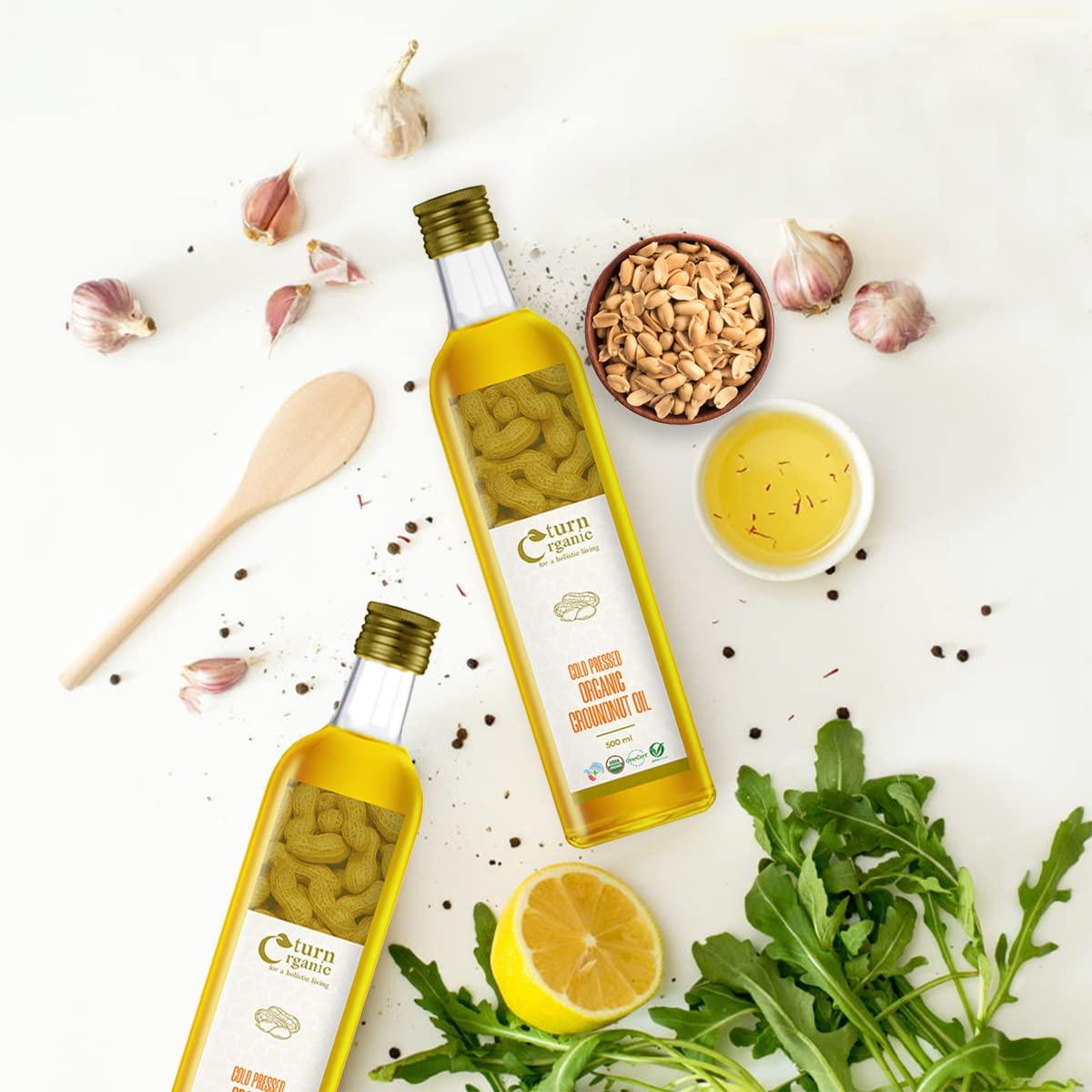 Turn Organic Turn Organic Ground Oil Cold Pressed | Organic Groundnut Oil in Glass Bottle, 500ml