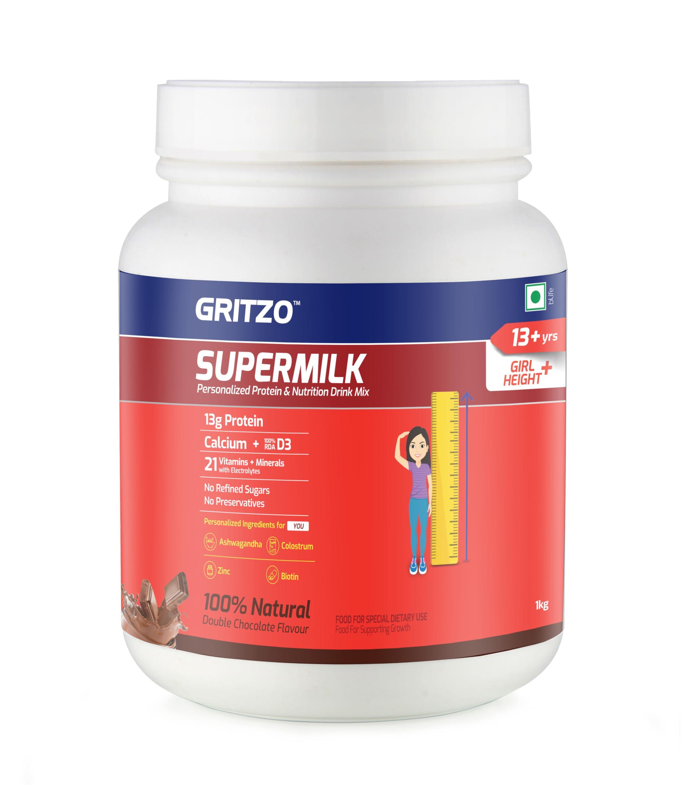 Gritzo Gritzo SuperMilk Height+ (13+y Girls), 13g Protein (Double Chocolate, 1kg) | Zero Refined Sugar, 21 Vitamins & Minerals