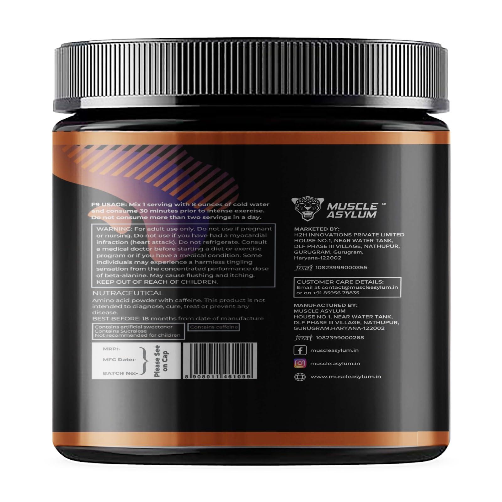 Muscle Asylum Muscle Asylum F9 Pre-Workout - 50 Servings, 400gm (Orange Flavor) | Boosts Energy & Endurance | Improves Focus