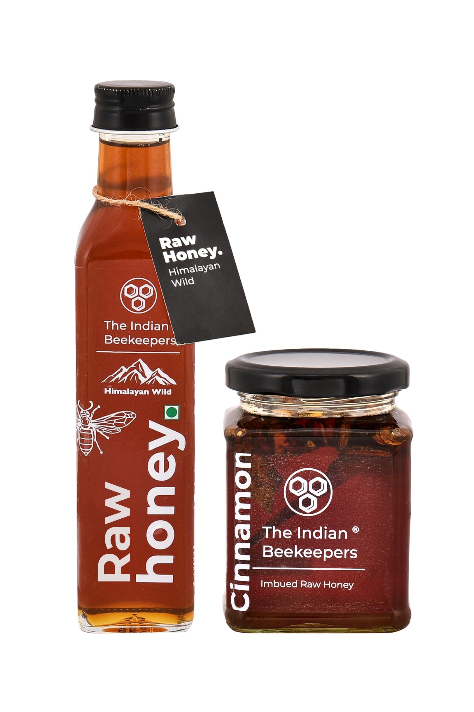The Indian Beekeepers The Indian Beekeepers Combo Pack of 2 - Himalayan Wild Premium Organic Raw 100% Honey, 365 gm + Cinnamon Honey, Imbued Organic Raw Honey, No Added Sugar, No Preservatives, 300 gm