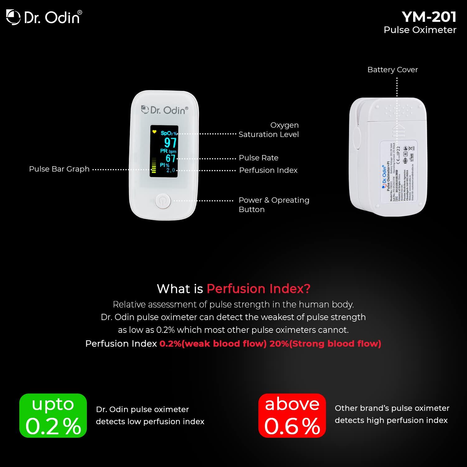 Dr. Odin Dr. Odin YM-201 Fingertip Pulse Oximeter with LED Display and Auto Power Off, Perfusion Index and SpO2 (White, 1 Year Warranty)
