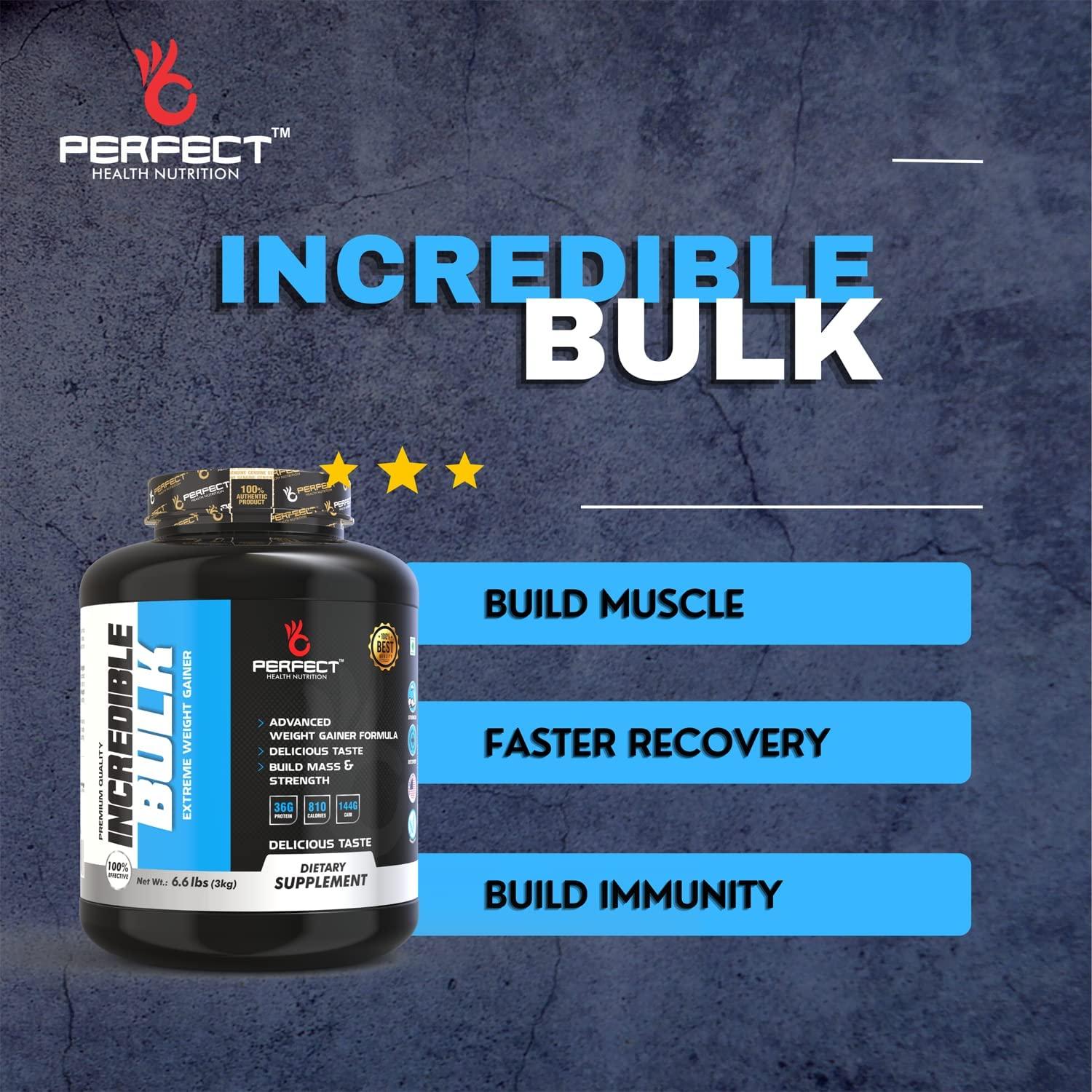 PERFECT HEALTH NUTRITION Perfect Health Nutrition Incredible Bulk Extreme Weight Gainer with Digestive Enzymes 810 Calories & 36 gm Protein Gain Strength & Size Weight Gainer (6.6 lb) New (Vanilla, 3 Kg)