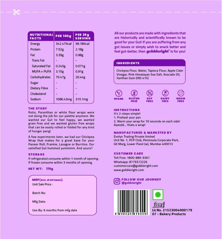 GOBBLERIGHT GOBBLERIGHT Gluten Free Tortilla Chickpea Wraps - Pack Of 2 (12 Wraps)/Gluten Free, Vegan, Dairy Free, Soya Free, Grain Free/Best For Burrito, Wraps, Tortilas, Tacos, Shawarmas And Rolls, 350 Gram