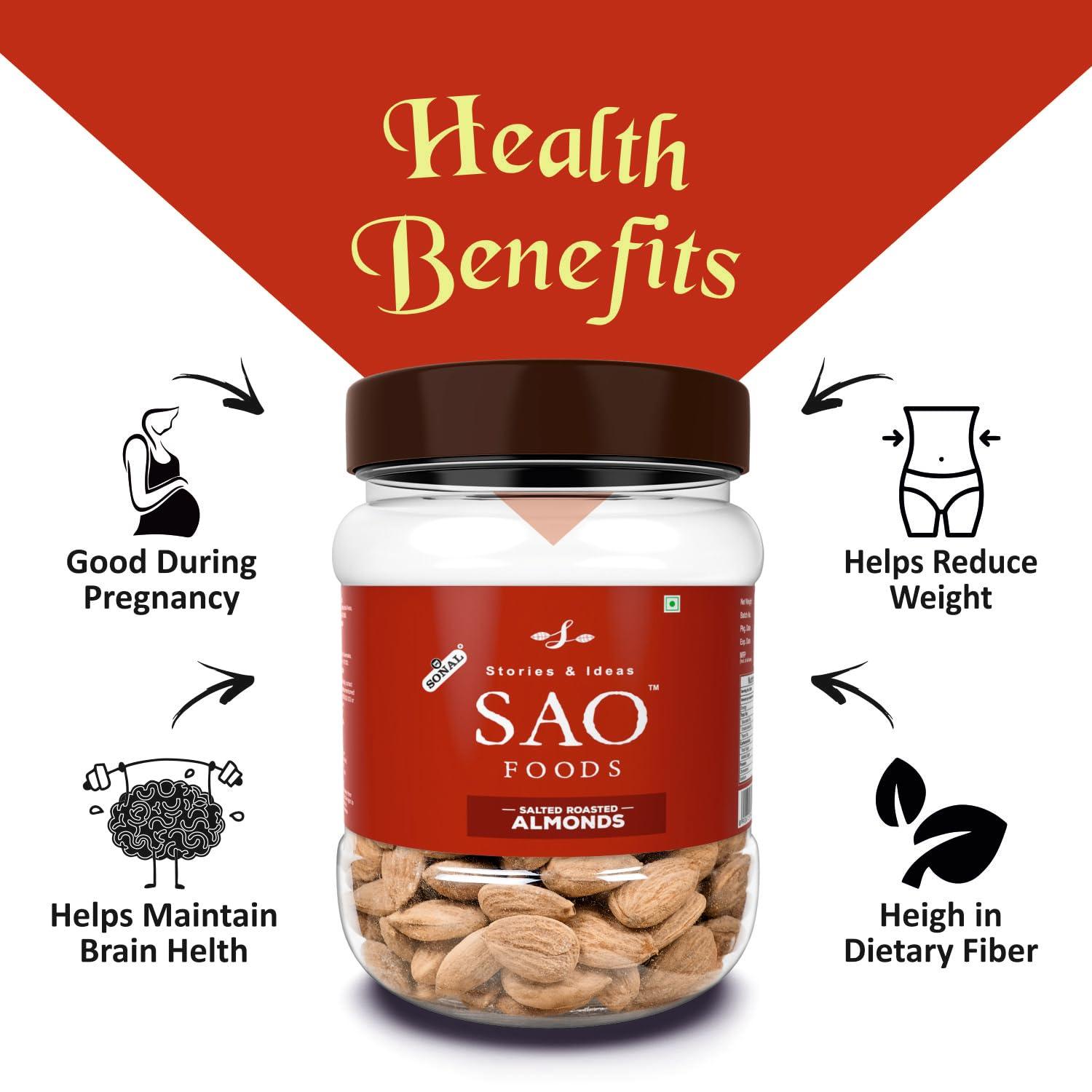 Stories & Ideas SAO Foods Sao Foods Roasted & Salted Almonds 250 gm, Dry Fruits, Crispy and Crunchy, Healthy Dry Foods, Real Nuts, Rich in Protein, Perfect for Snacking