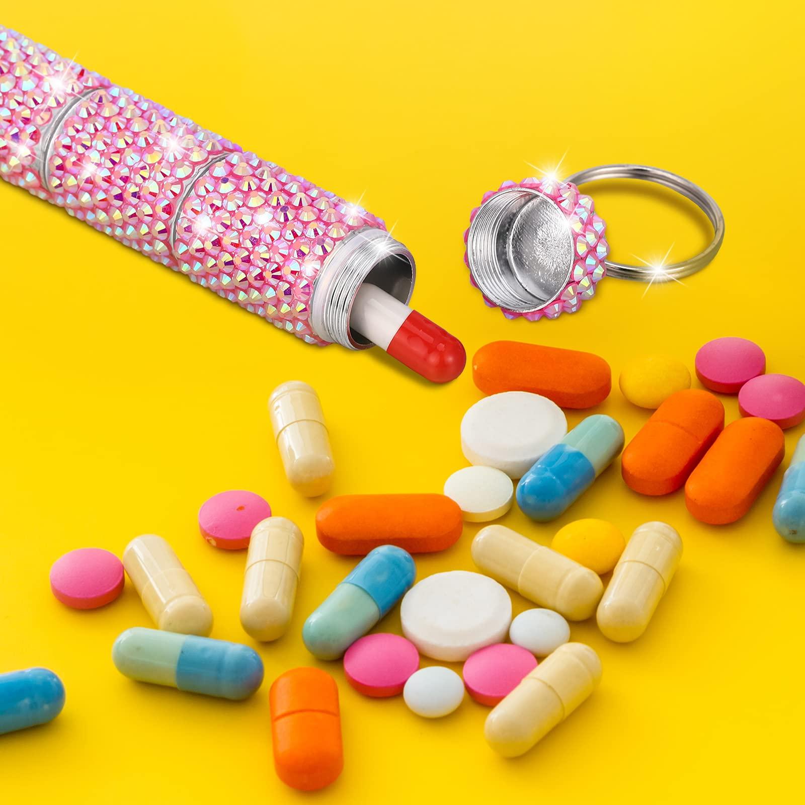 Vesici Vesici 2 Pcs Bling Rhinestone Portable Pill Case with Keychain Small Fancy Container Glitter Waterproof Holder for Women Aluminum Bottle Reusable Outdoor Camping (Pink, White AB)