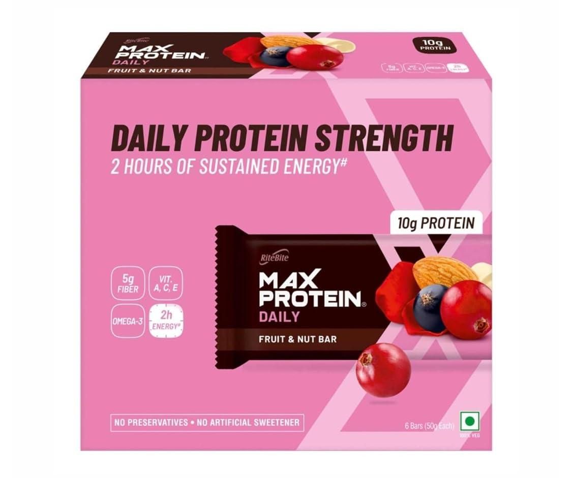 RiteBite Max Protein RiteBite Max Protein Daily Fruit & Nut 10g Protein Bars [Pack of 6] Protein Blend, Fiber, Vitamins A,C,E, No Preservatives, 100% Veg, For Energy, Fitness & Immunity - 300g