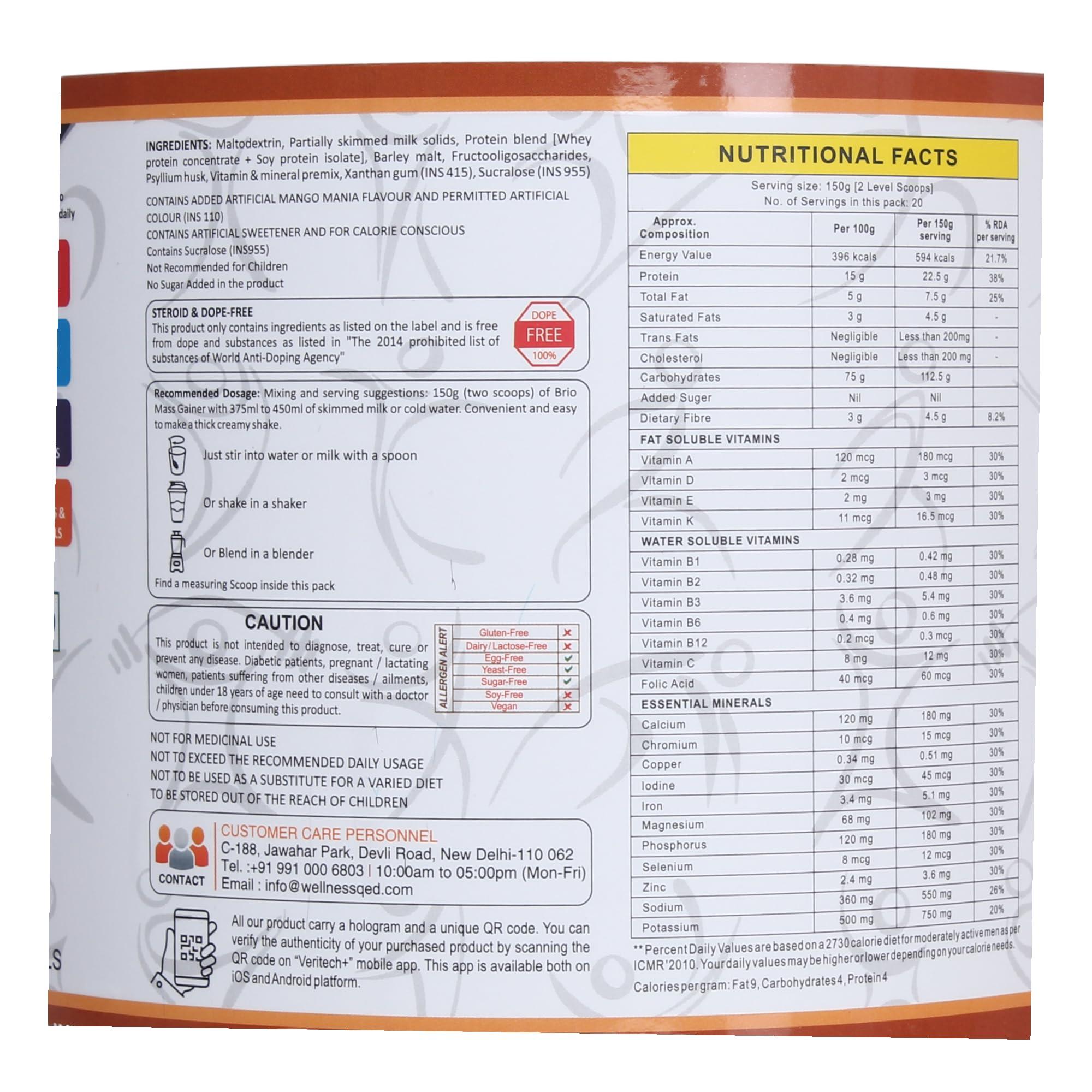 BRIO NUTRITION BRIO NUTRITION Mass Gainer High Protein Complex Carbs Blend With Easy To Digest Formula Barley Malt Probiotics | Gainer - 3kg Pack (Mango Mania Flavour)