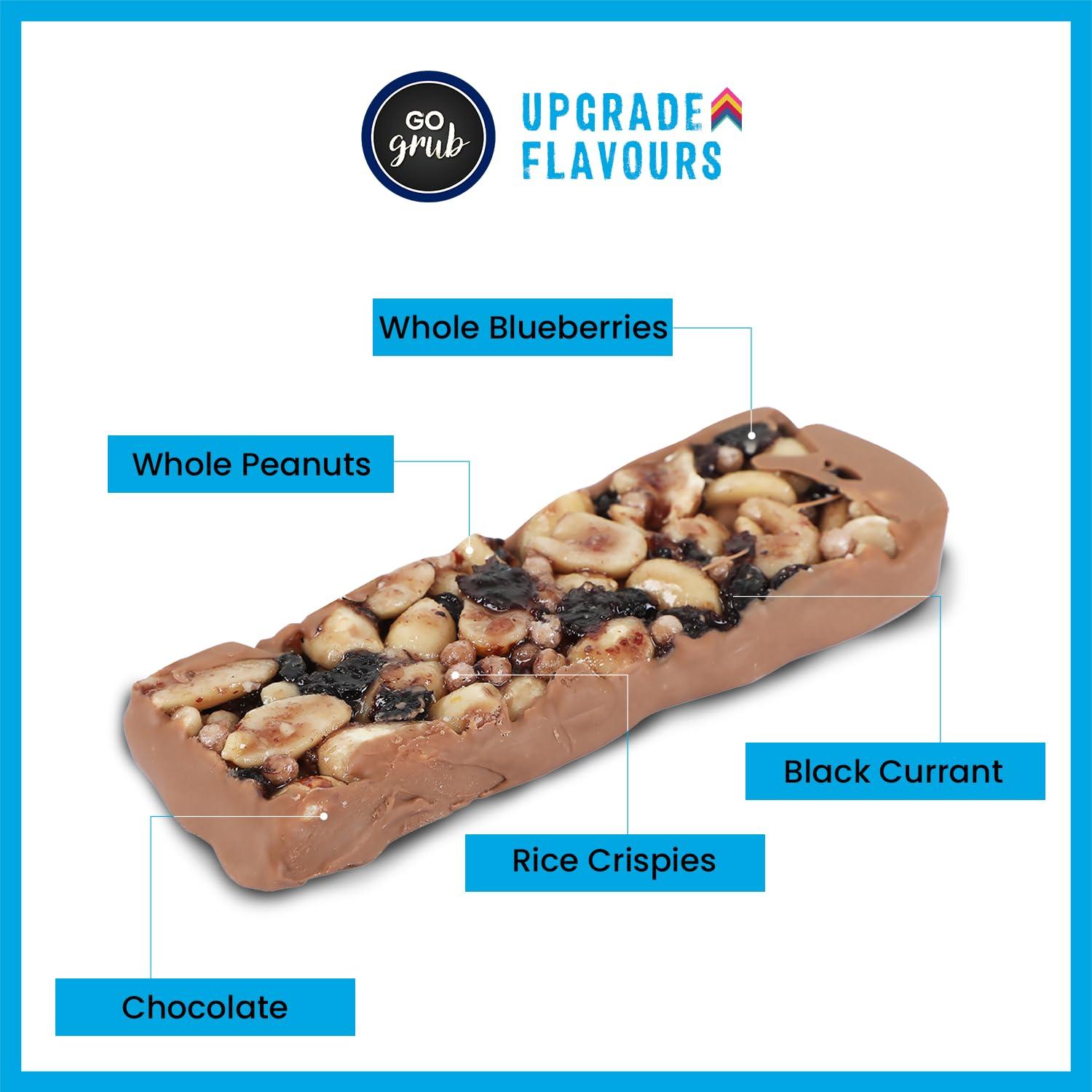 Go Grub Go Grub - Peanut Blueberry Snack Bar | Crunchy Energy Bars with Whole Nuts, Real Dried Berries | No Preservatives | 100% Vegetarian | Healthy Breakfast, Evening & Midnight Snack | Pack of 10