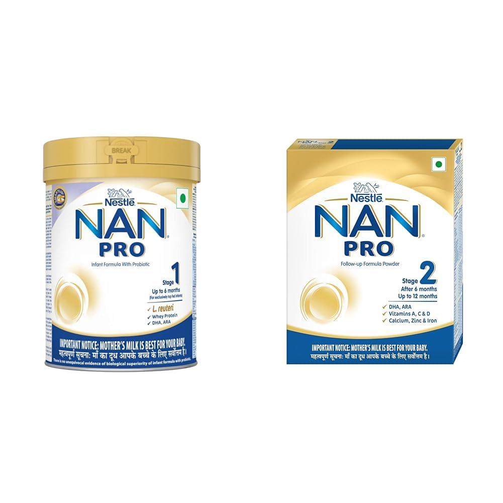 NAN Nestl Nan Pro 1 Infant Formula Powder (Upto 6 Months), Stage 1-400G Tin Pack & Nestle NAN PRO 2 Follow-up Formula Powder - After 6 months, Stage 2, 400g Bag-In-Box Pack