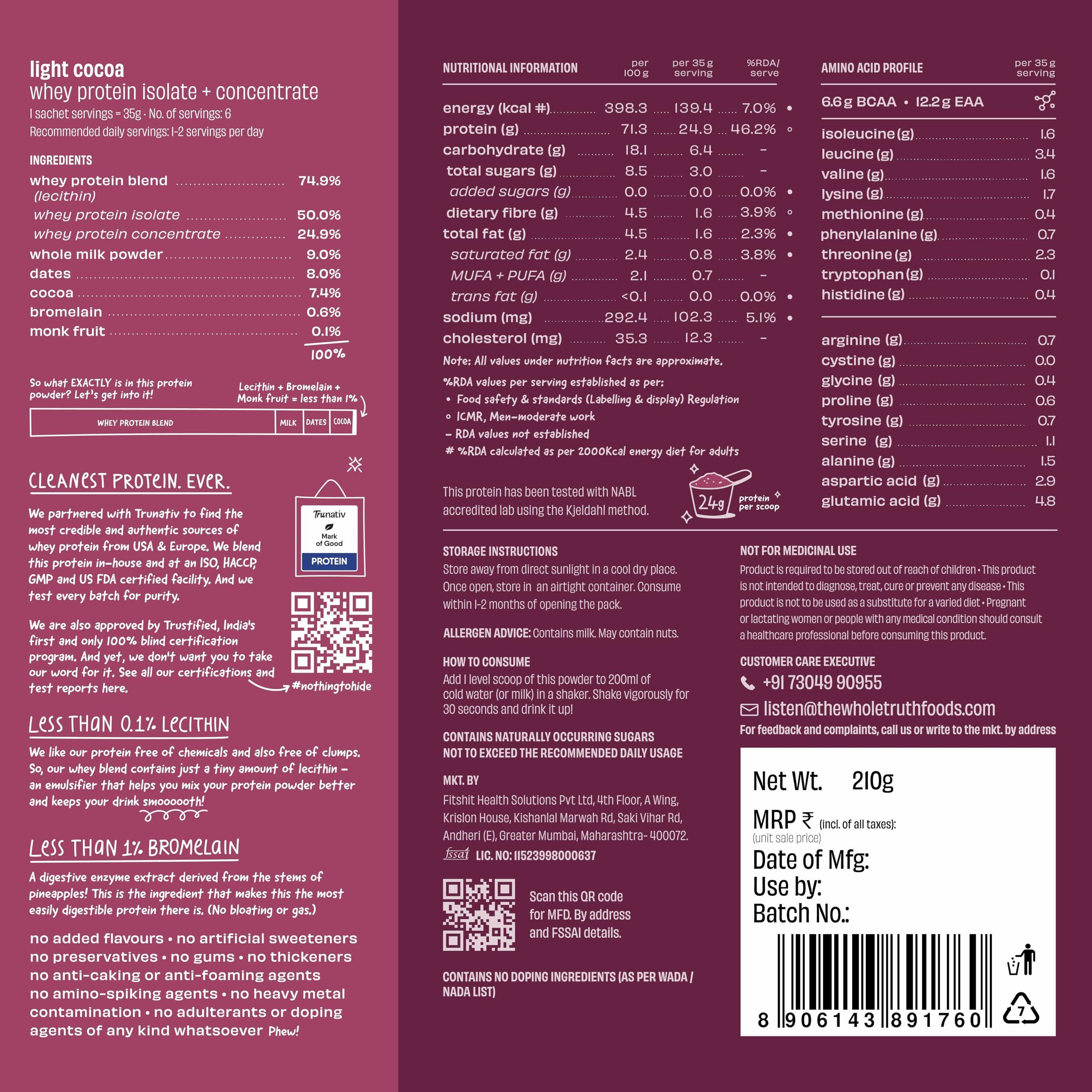 The Whole Truth The Whole Truth Whey Protein Isolate+Concentrate | Light Cocoa 210g (Pack of 6) | 24g Protein/Sachet 6.6g BCAA | 100% Authentic & No Adulteration | Clean, Light & Easy to Digest | Sample & Travel Pack