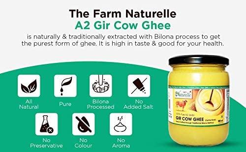 Farm Naturelle Farm Naturelle A2 Pure Gir Cow Ghee 500ml + 50ml Extra In Glass Bottle | Extra Wooden Spoon | 100% Desi Gir Cow Ghee | Vedic Bilona Method-Curd Churned-Golden | Lab Tested Grainy & Aromatic, Keto Friendly | Non-GMO Grassfed, Premium & Traditional Ghe
