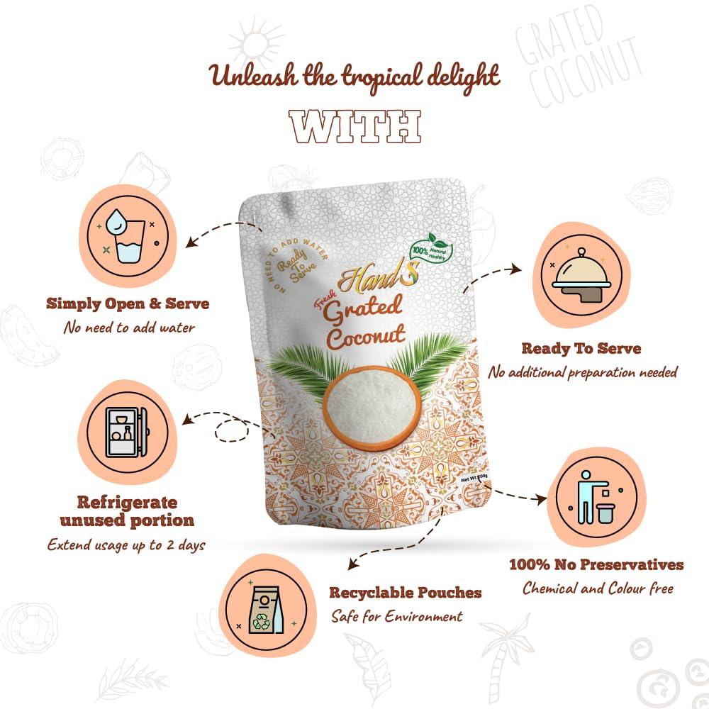 HandS HandS Fresh Wet Grated Coconut Kernel | 200 gms X Pack of 2 | No added Preservatives or Chemicals | No need to add Water | Vegan and Keto Friendly | Easy Ingredient for South Indian Dish Preparation