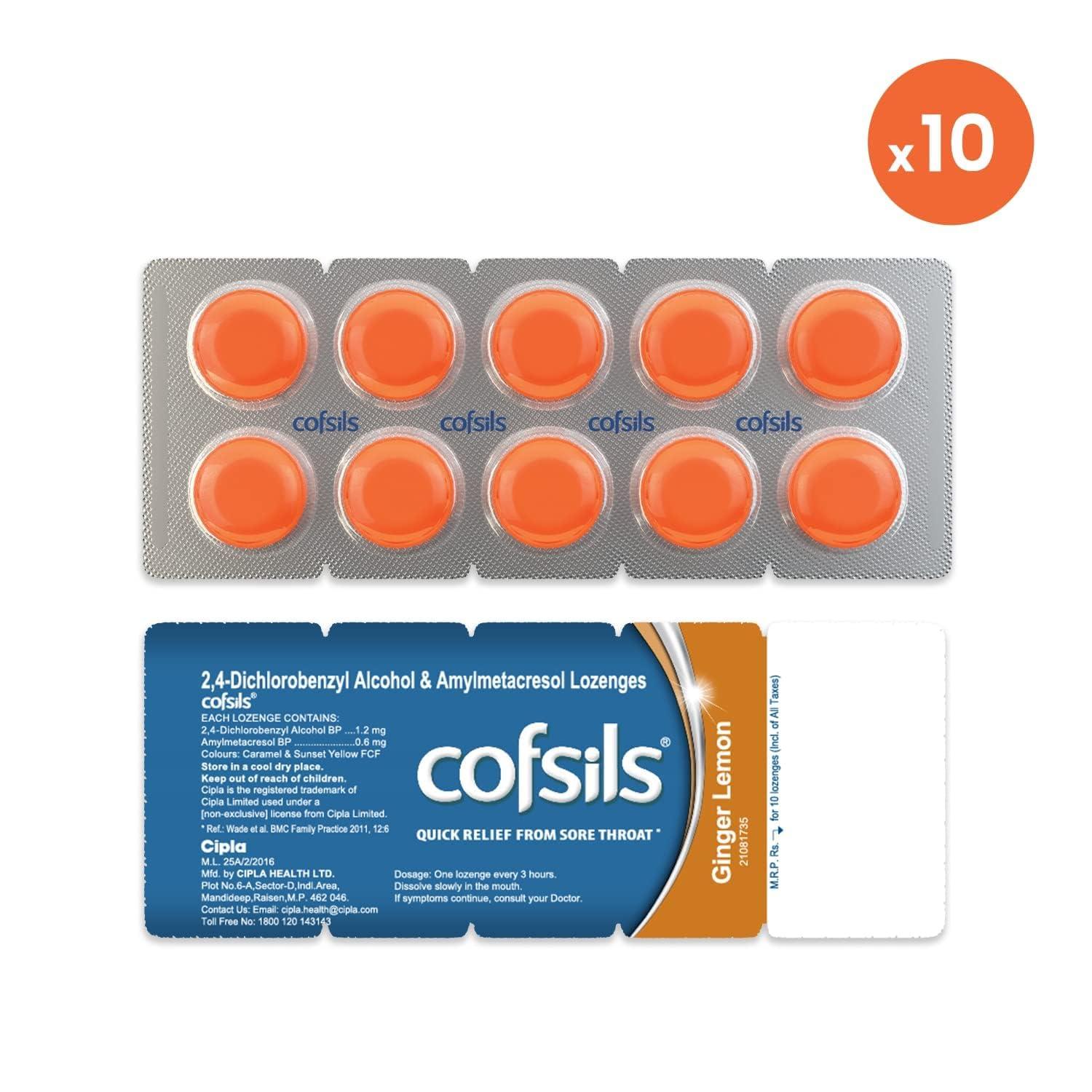 Cipla Cipla Cofsils Lozenges (100 Lozenges) | Ginger Lemon Flavour | Quick Relief from Sore Throat, Itchy Throat and Scratchy Throat (10 x 10 Strips)