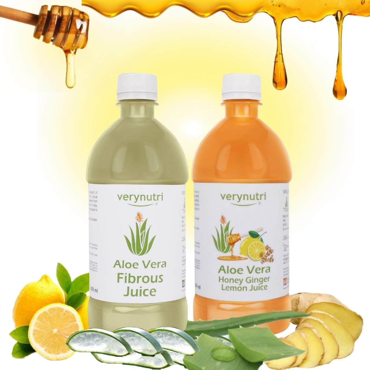 verynutri Verynutri Aloe Vera Fibrous & Honey Lemon Ginger Juice- 1200 Ml (Pack of 2-600 Ml each) | Organically Grown| Immunity Booster | Health Juices.