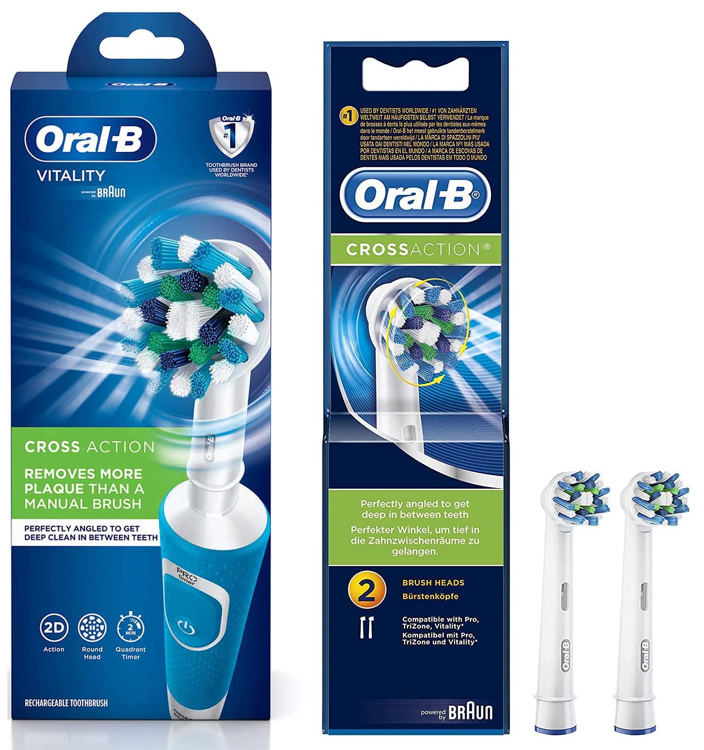 Oral B Oral B Vitality 100 Blue Criss Cross Electric Rechargeable Toothbrush Powered by Braun & Oral B Cross Action Toothbrush Heads Pack Of 2 Replacement Refills For Electric Rechargeable - Oral Care Combo