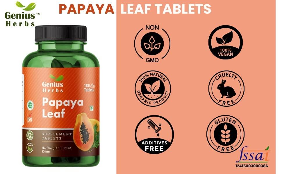 Genius Herbs Genius Herbs Papaya Leaf Tablets 1000 mg Per Serving | Carica Papaya Leaf Tablets| Boosts Immunity | Natural Detox | 30 Days Supply