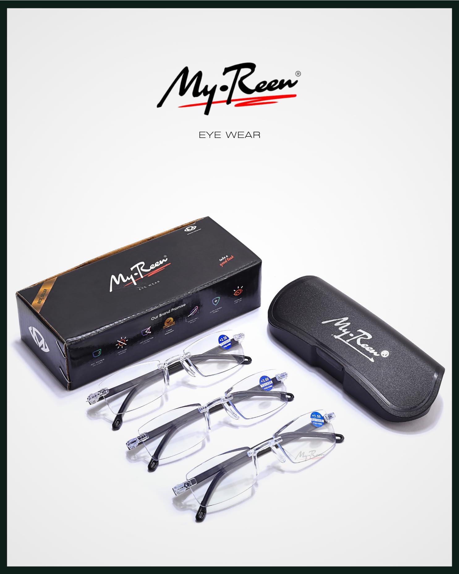 myreen myreen Blue Cut Rimless Reading Glasses for Men Women +1 +1.5 +2.0 +2.5 +3.0 Power Glass For Reading Books and Newspaper, Watching TV and Mobile (2, 3.00)