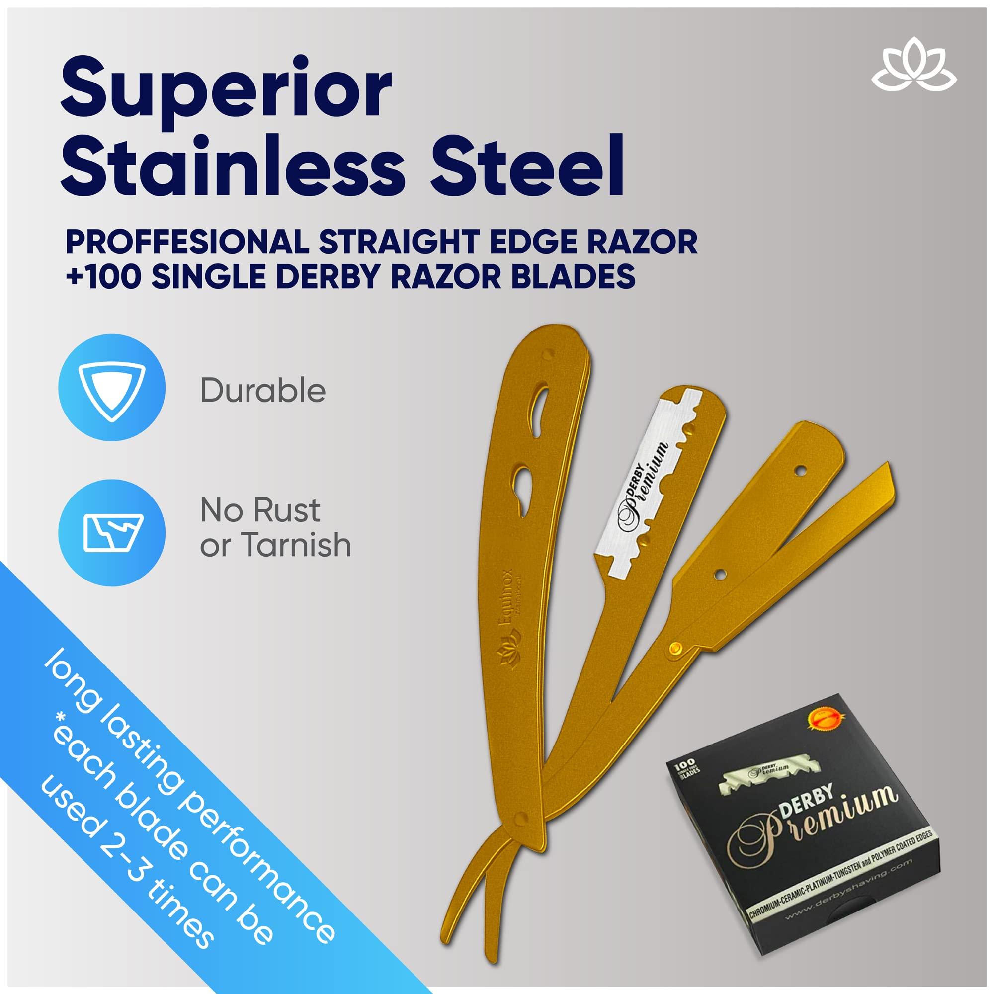 Equinox International Equinox Professional Straight Edge Razor with 100 Single Derby Straight Razor Blades-Barber Straight Razor-Close Shaving Men\'s Manual Shaver-Disposable Straight Razor Blades-Straight Razor Kit
