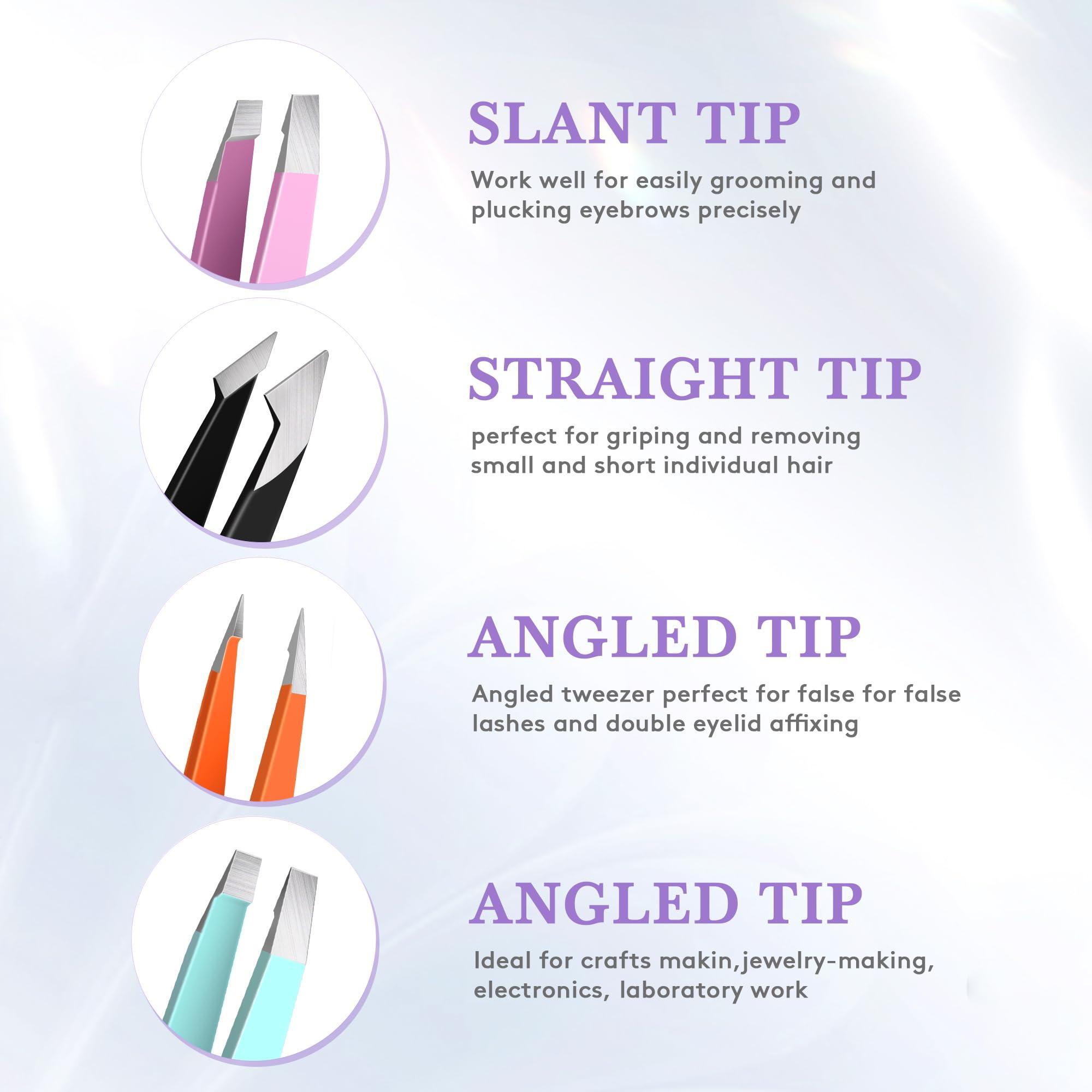 bedace Tweezers For Women,bedace christmas gifts 4 Pack Precision Tweezers For Eyebrows,Professional Slant Tip Tweezer Set For Ingrown Hair, Plucking Daily Beauty Tool with Leather Travel Case