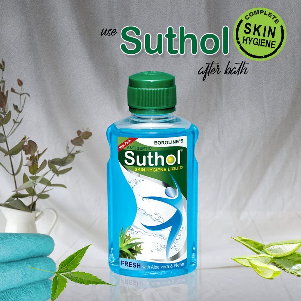 BOROLINE BOROLINE's Suthol Active Aloe Vera Liquid 200 ml X 4 | Stops Skin Irritations, Prickly Heat, Itching, Rashes | With Neem & Aloe vera | Ayurvedic Antiseptic Body Hygiene Liquid (Pack of 4)
