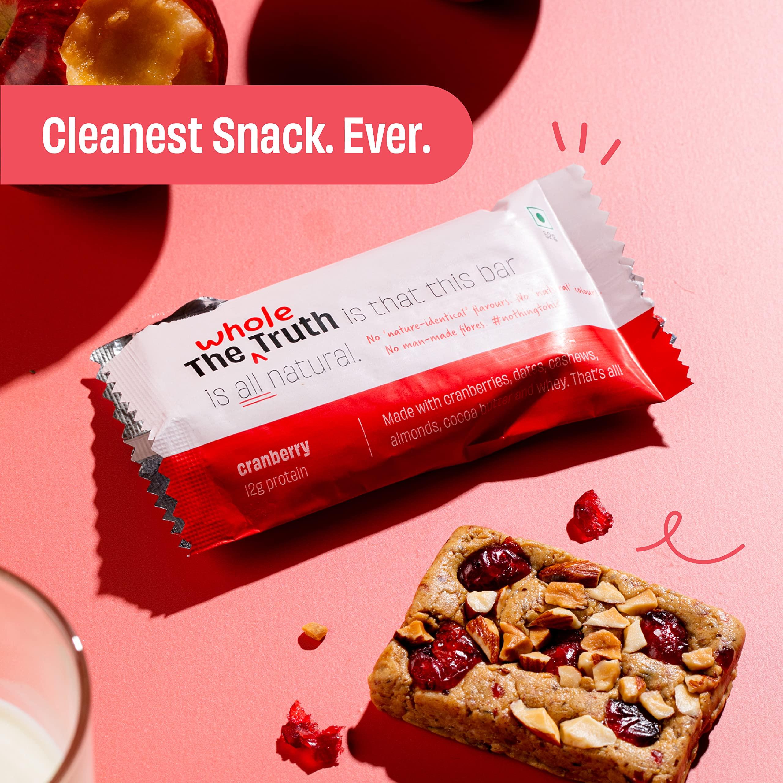 The Whole Truth The Whole Truth - Protein Bars | Assorted Pack of 6 x 52g (3 Double Cocoa + 3 Cranberry) | No Added Sugar | No Preservatives | No Artificial Sweeteners | No Gluten or Soy | All Natural Ingredients