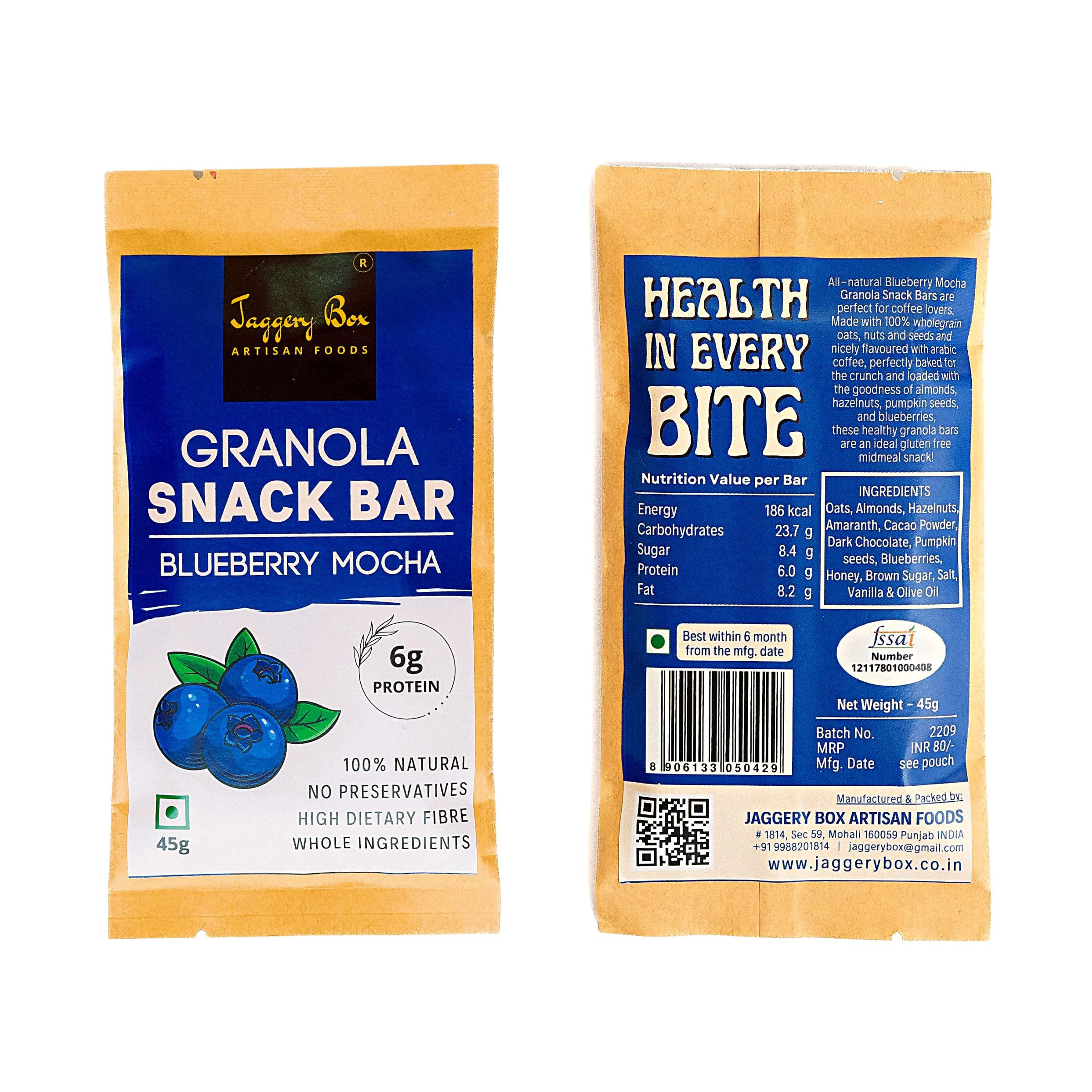 JAGGERY BOX Jaggery Box Blueberry Mocha Granola Snack Bar | All Natural with Wholegrains & Honey | No Preservatives & Artificial Flavours | 270g, Pack of 6 bars