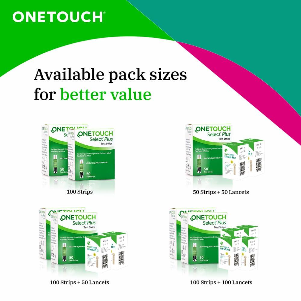 OneTouch OneTouch Select Plus Test Strips | Pack of 50 Strips with 50 OneTouch Ultrasoft Lancets | Blood Sugar Test Machine Testing Strips | For use with OneTouch Select Plus Simple Glucometer