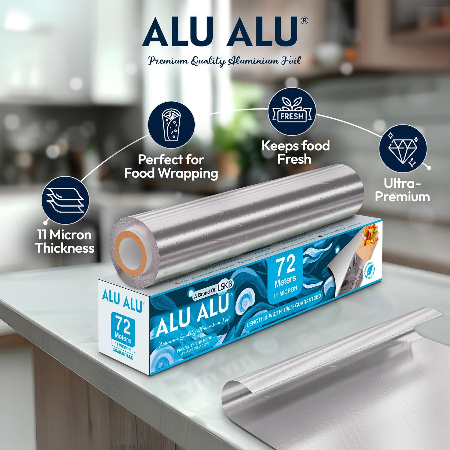 ALUALU ALU ALU 72 Meters Aluminium Foil, 11 Micron Thickness, Premium Quality, Keeps Food Fresh Always, Perfect for Food Wrapping, Packing, Storing and Serving