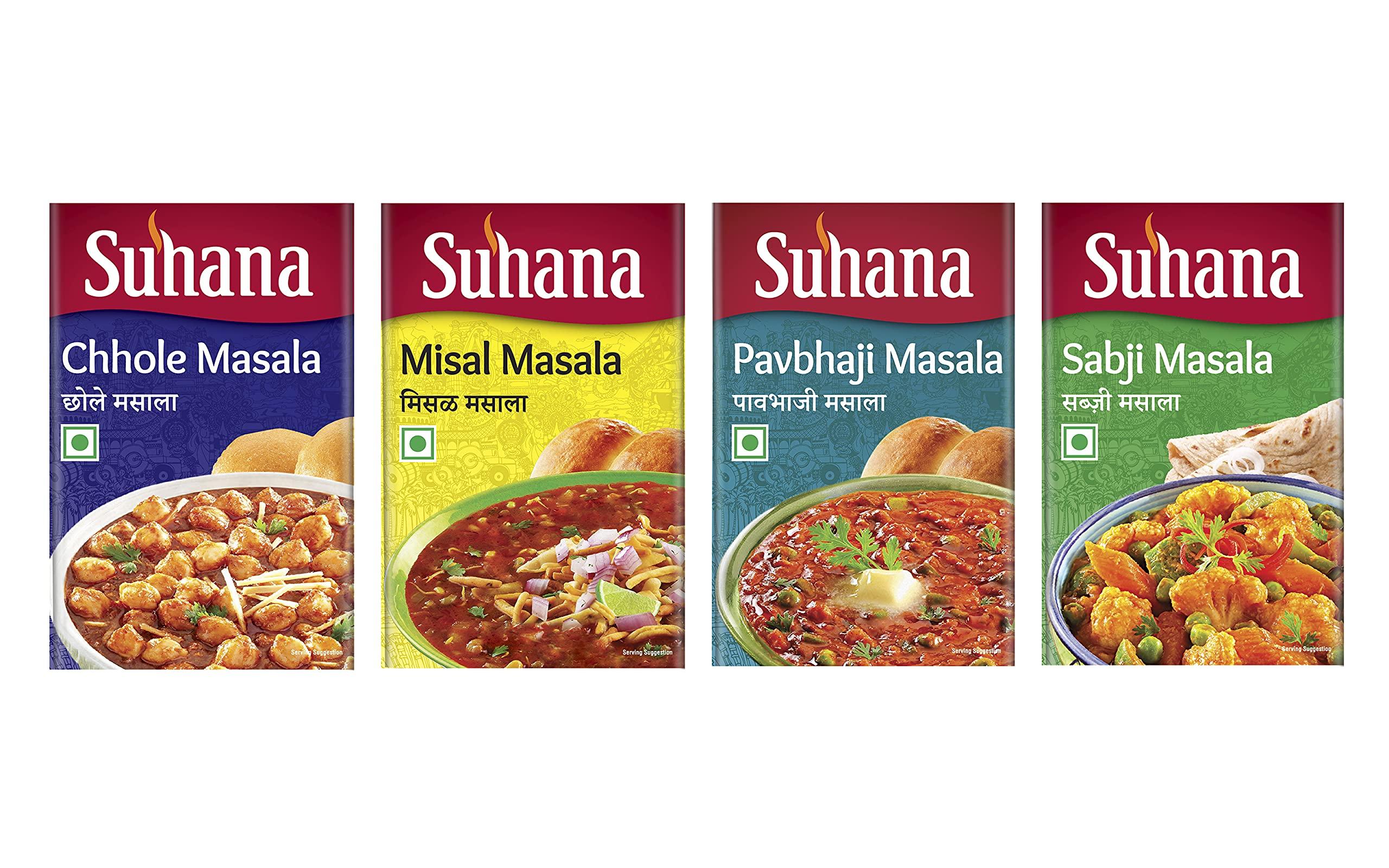 Suhana Suhana Masala Combo of 4 - Chhole Masala 50g, Pavbhaji Masala 50g, Sabji Masala 50g, Misal Masala 50g