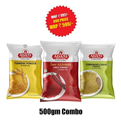 Adani Spices Adani Spices Combo Pack of Kashmiri Red Chilli Powder, Coriander Cumin Powder & Turmeric Powder, 500gm Each