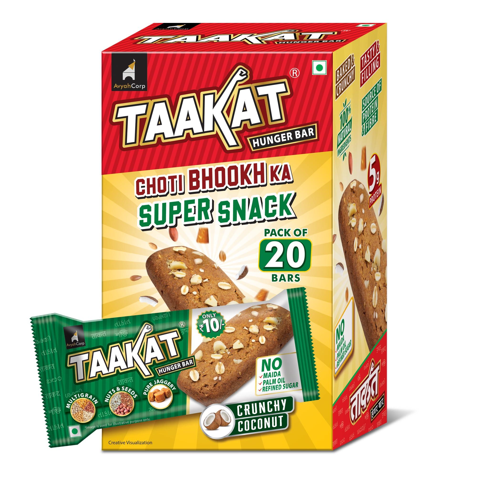 Taakat Hunger Bar Taakat Hunger Bar Crunchy Coconut - Pack of 20 bars | Multigrain | Nuts & Seeds | Pure Jaggery | 5g Protein | Source of Fiber | No Maida | No Palm Oil | No Refined Sugar | Baked & Crunchy | Tasty & Filling