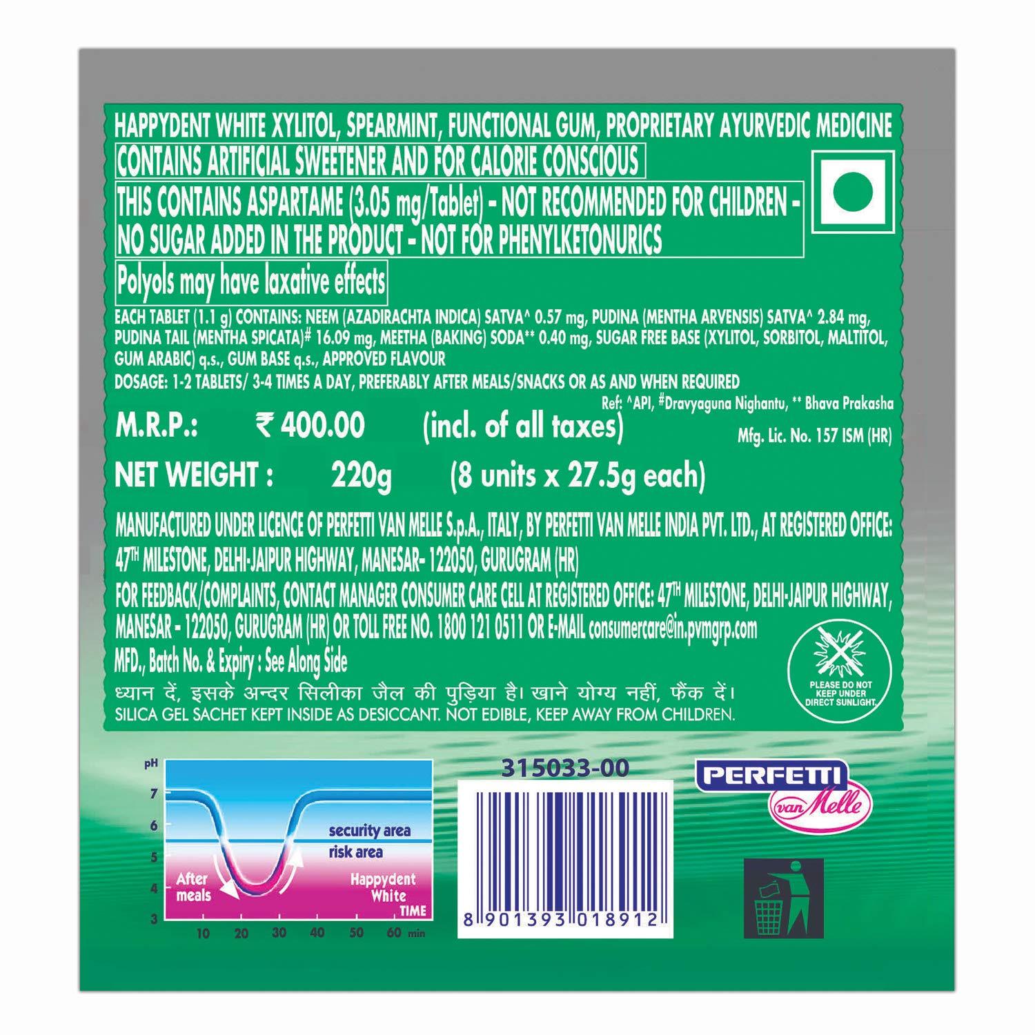 HappyDent Happydent White, Xylitol Sugarfree Spearmint Flavour,Chewing Gum Bottle Pack, 193.6g (8 Units x 24.2 g Each)