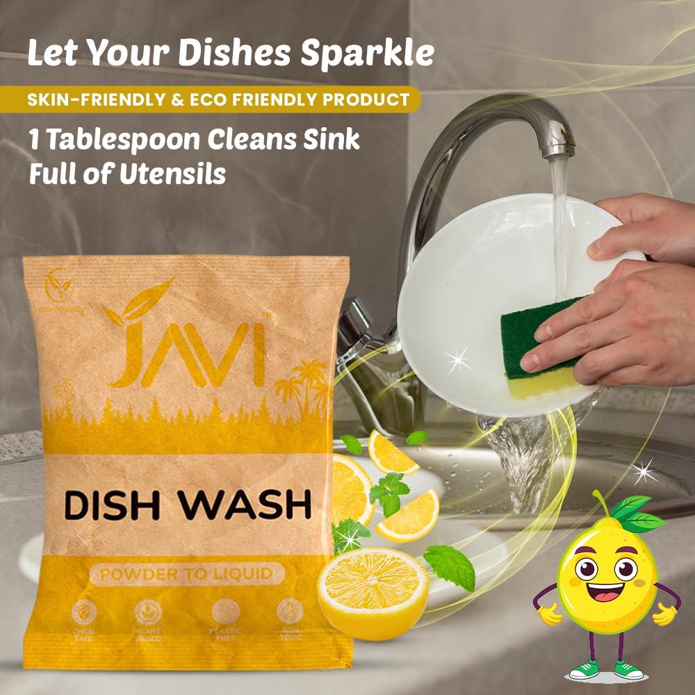 JAVI JAVI Dish Wash Powder to Liquid Refill Pack (10 Sachet = 5 Ltr) | Natural, Plant Based, Non Toxic & Eco-Friendly | Remove tough grease, soft on hands | Baby Safe & Pet safe | Crockery wash