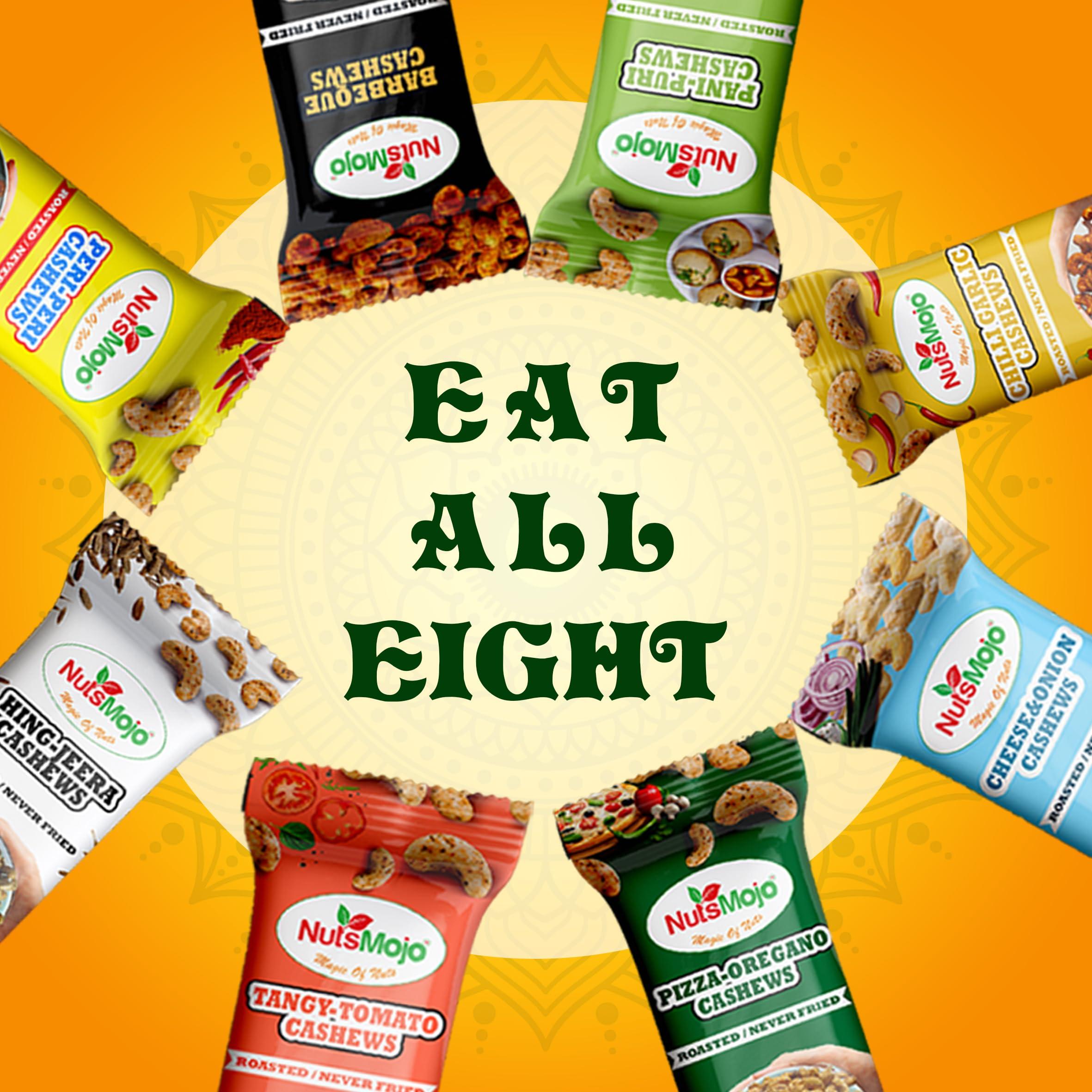 NutsMojo NutsMojo 8 Flavour Cashew Packets | Pack of 8 | Barbecue, Peri - Peri, Hing jeera, Pani - Puri, Chilli Garlic, Cream & Onion, Tangy Tomato, Pizza Oregano | Offer Pack
